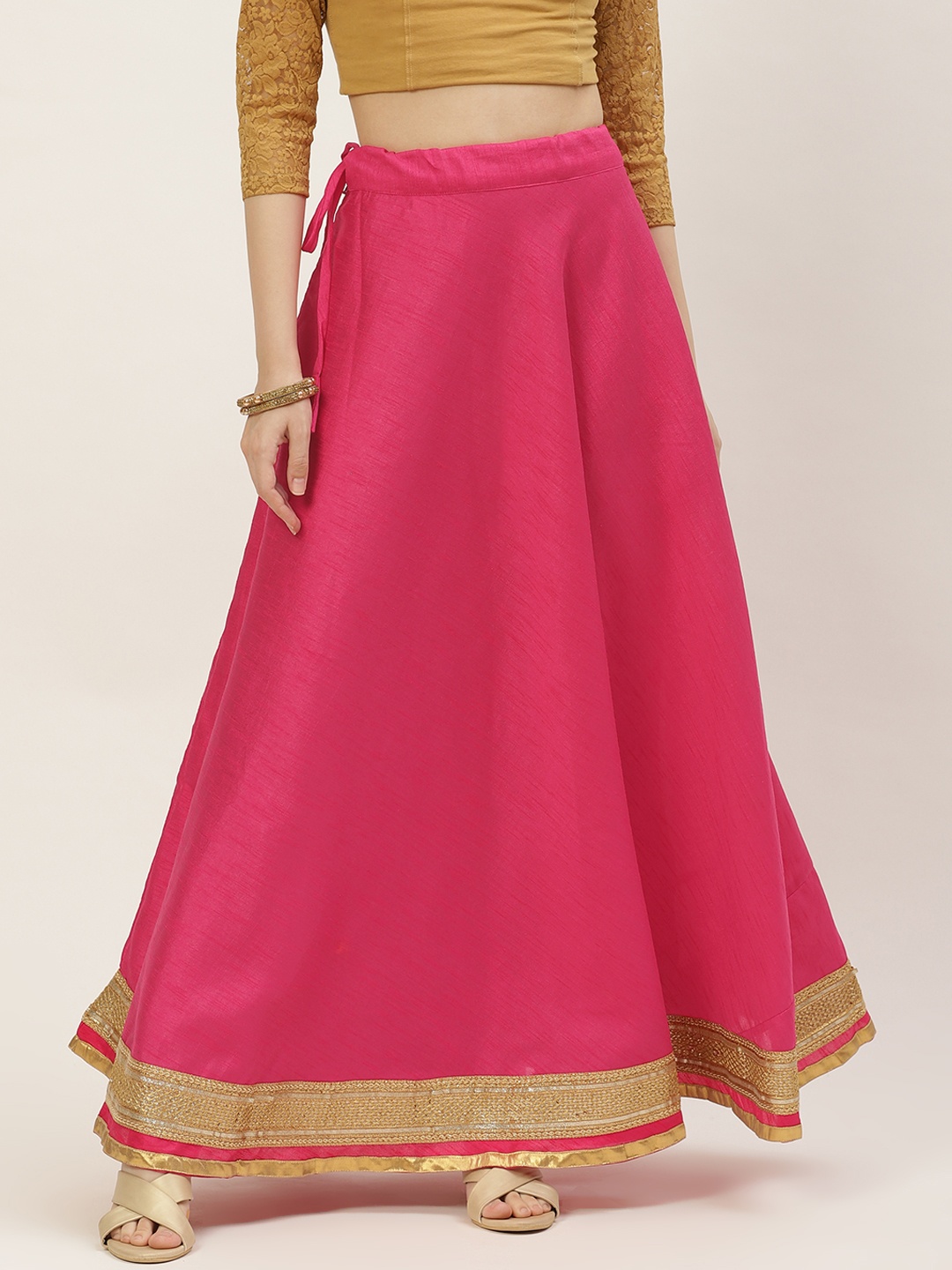 

Studio Shringaar Pink & Golden Solid Lehenga Skirt with Zari Borders