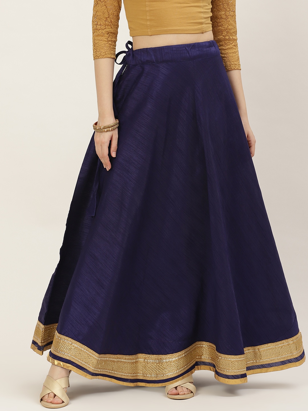 

Studio Shringaar Navy Blue & Golden Solid Lehenga Skirt with Zari Borders=