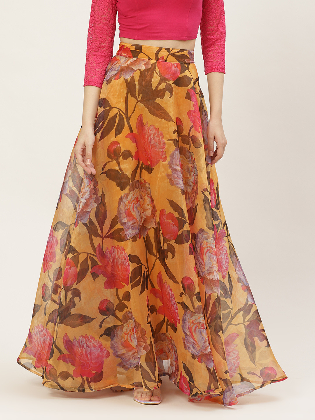 

Studio Shringaar Orange Floral Printed Organza Skirt