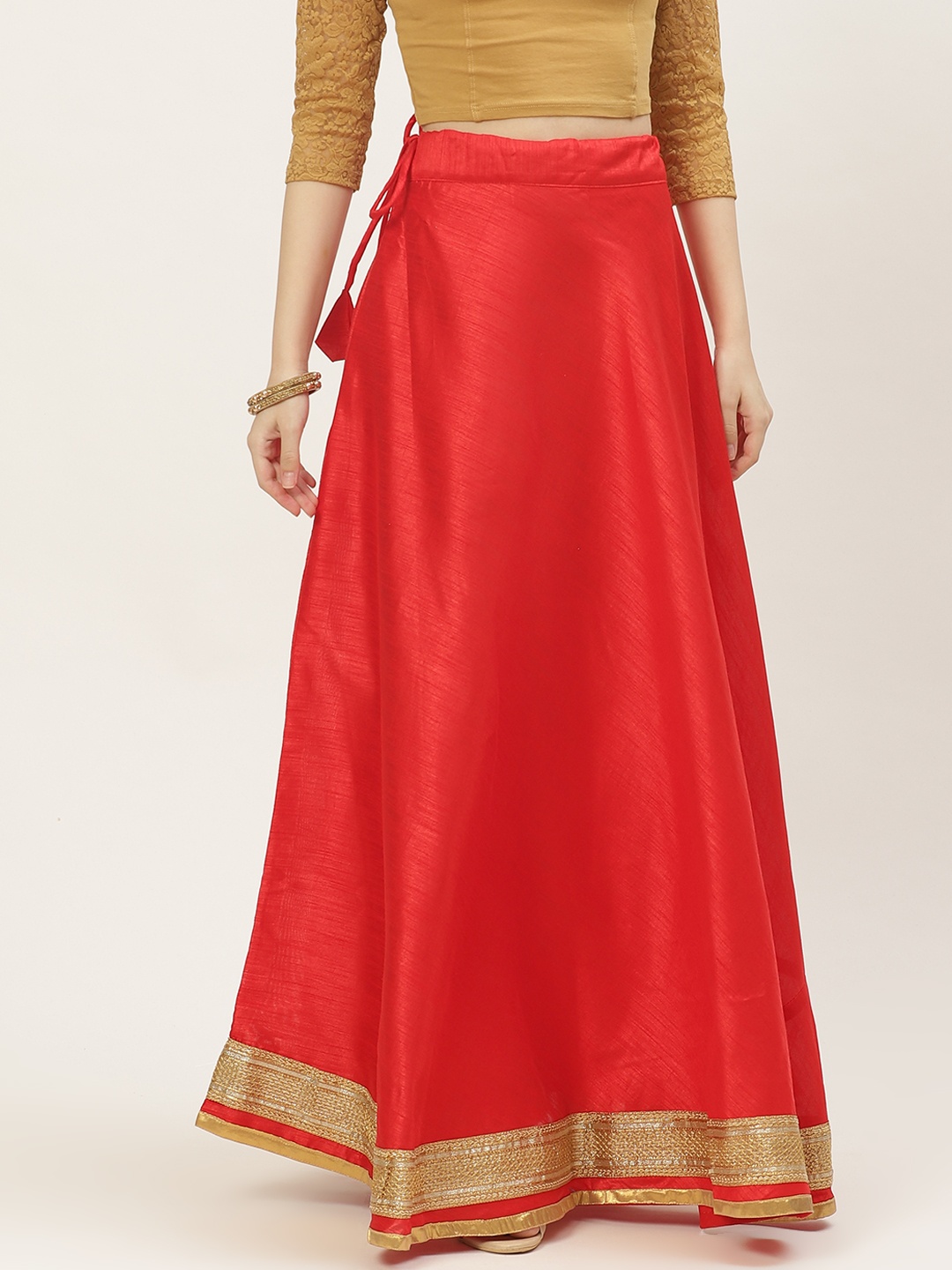 

Studio Shringaar Red & Golden Solid Lehenga Skirt with Zari Borders