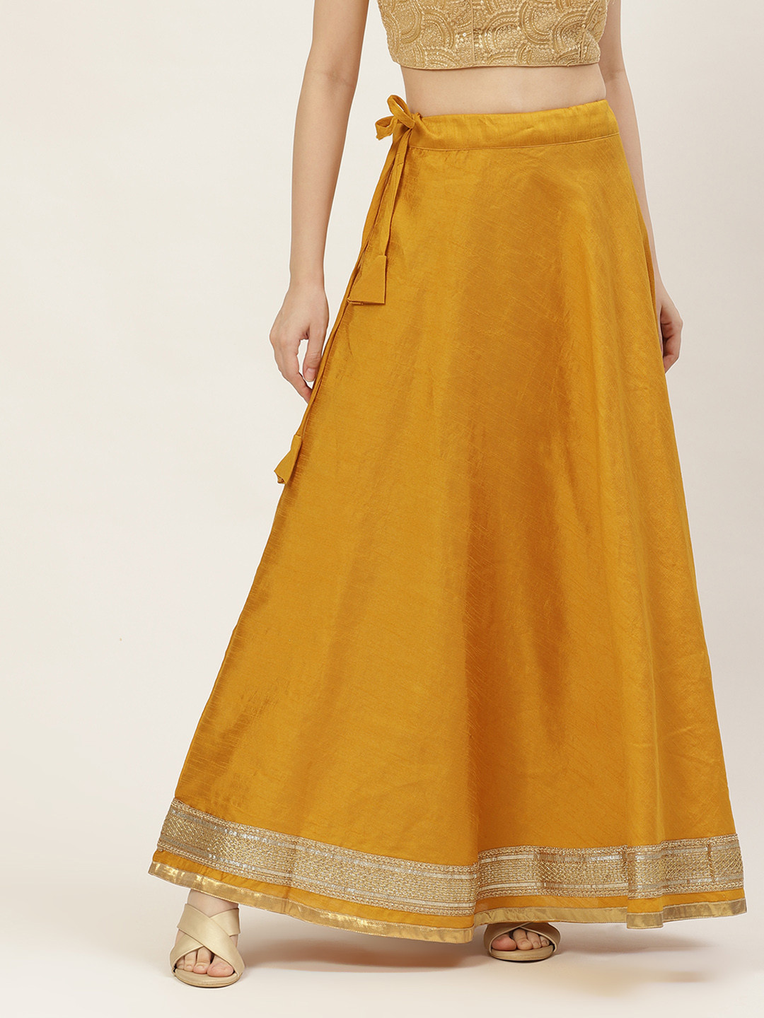 

Studio Shringaar Mustard Yellow & Golden Solid Lehenga Skirt with Zari Border