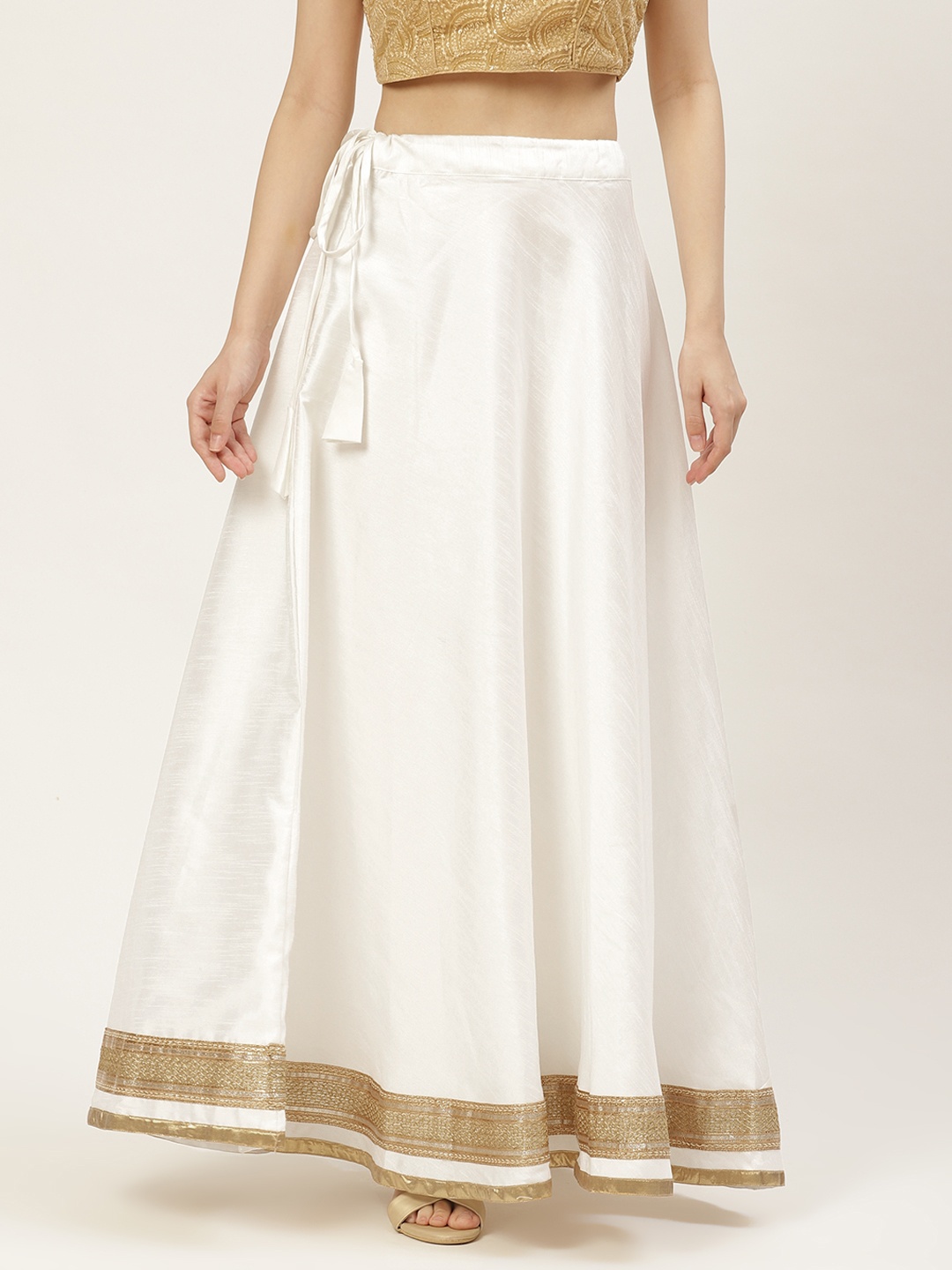 

Studio Shringaar White & Golden Solid Lehenga Skirt with Zari Border