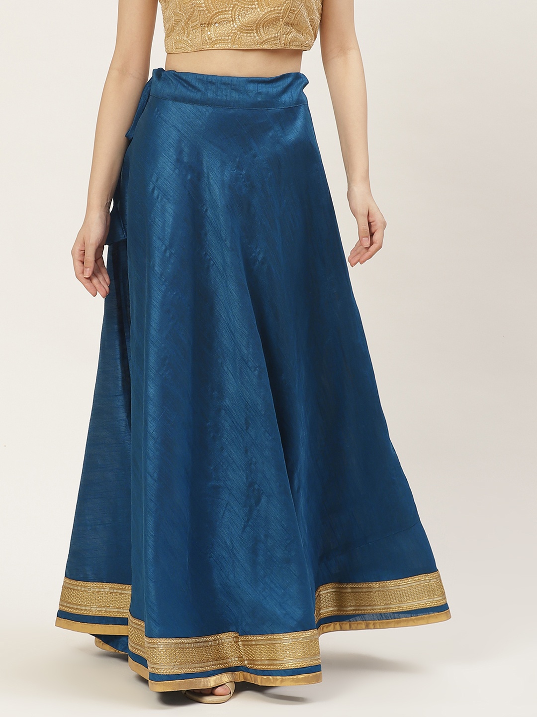 

Studio Shringaar Blue & Golden Solid Lehenga Skirt with Zari Border