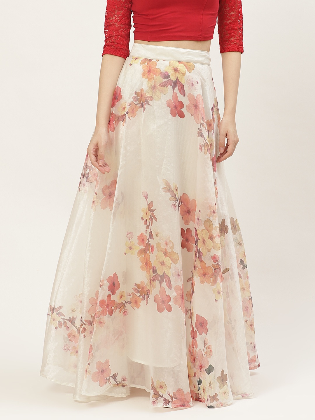 

Studio Shringaar White Floral Printed Organza Skirt