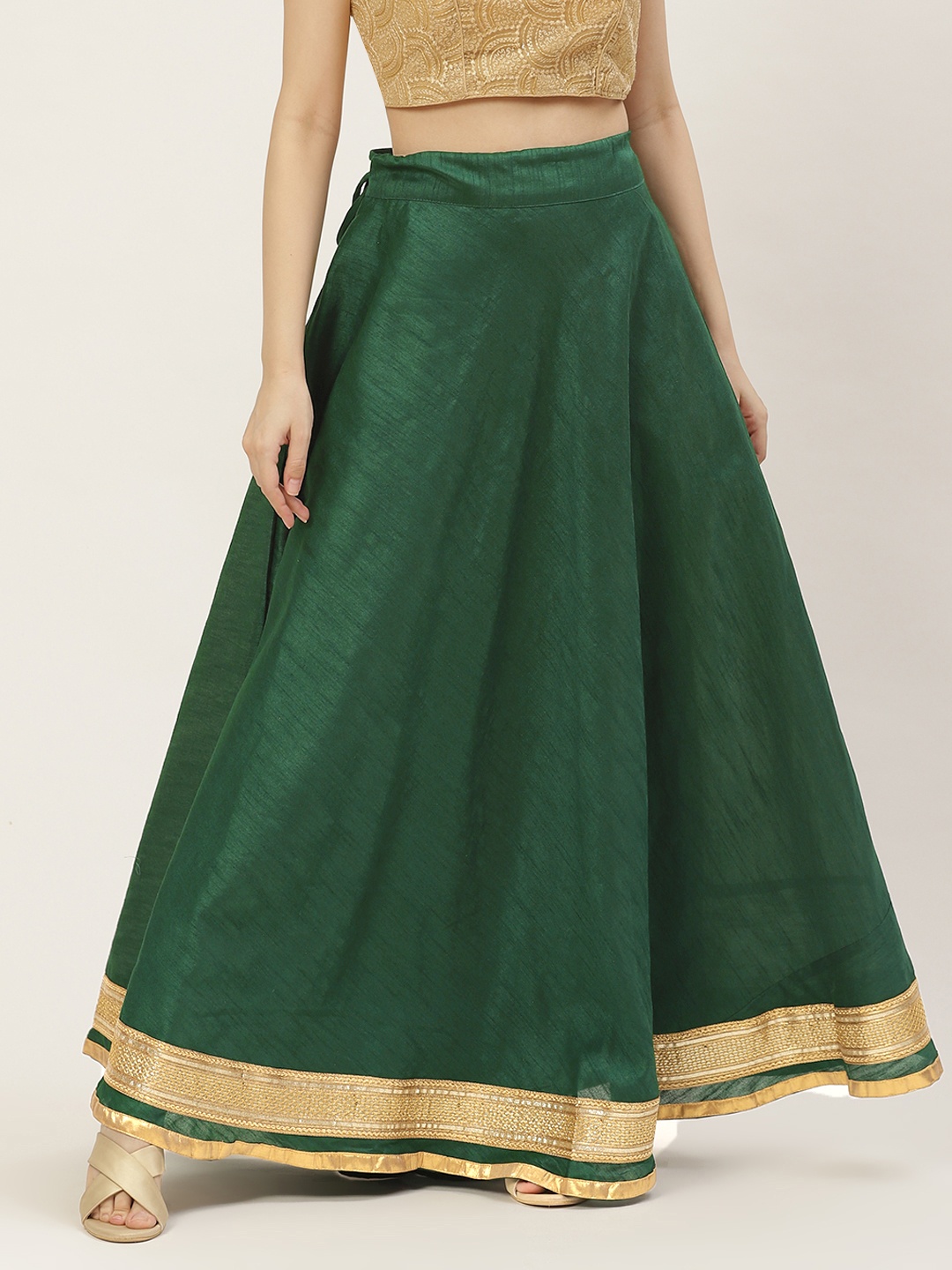 

Studio Shringaar Green & Golden Solid Lehenga Skirt with Zari Border