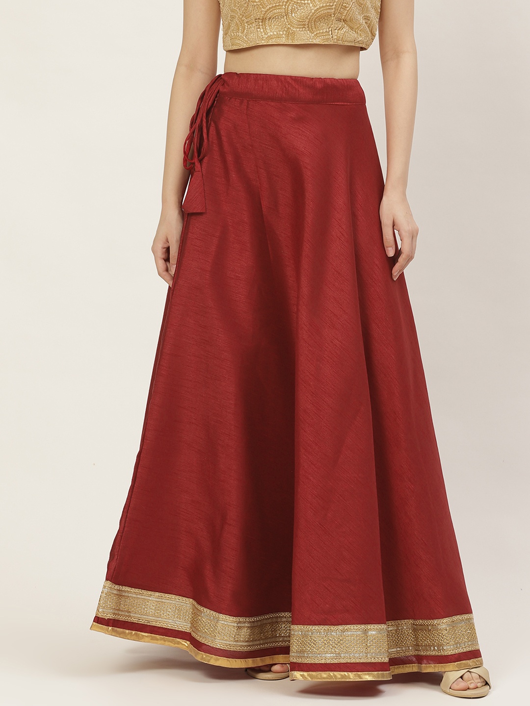 

Studio Shringaar Maroon & Golden Solid Lehenga Skirt with Zari Border