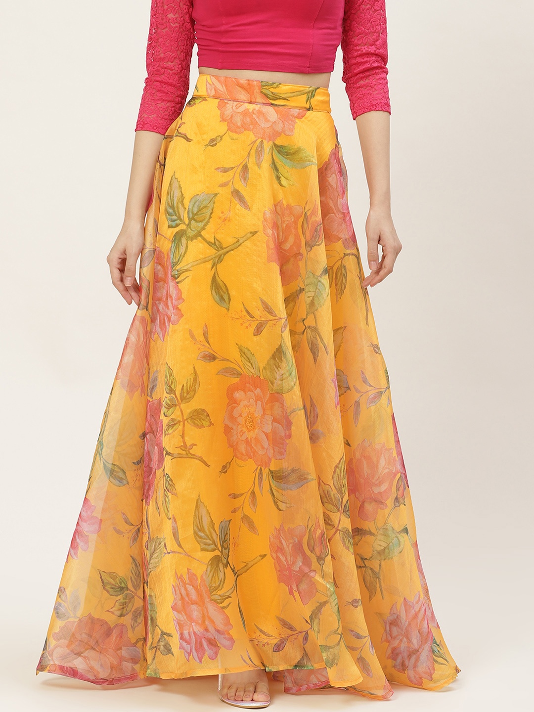 

Studio Shringaar Yellow Floral Printed Organza Skirt