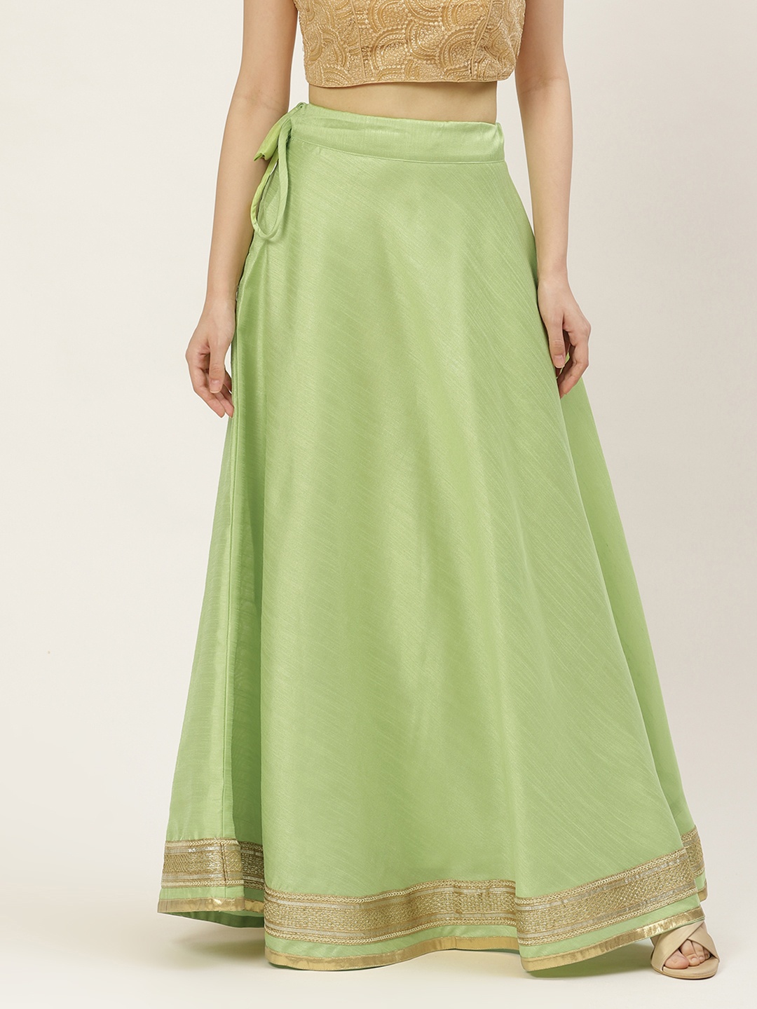 

Studio Shringaar Green & Golden Solid Lehenga Skirt with Zari Border