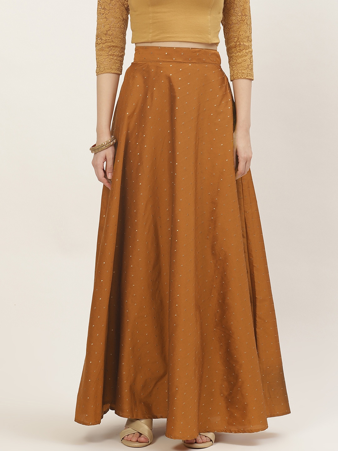 

Studio Shringaar Mustard Yellow & Golden Woven Design Tafetta Maxi Skirt