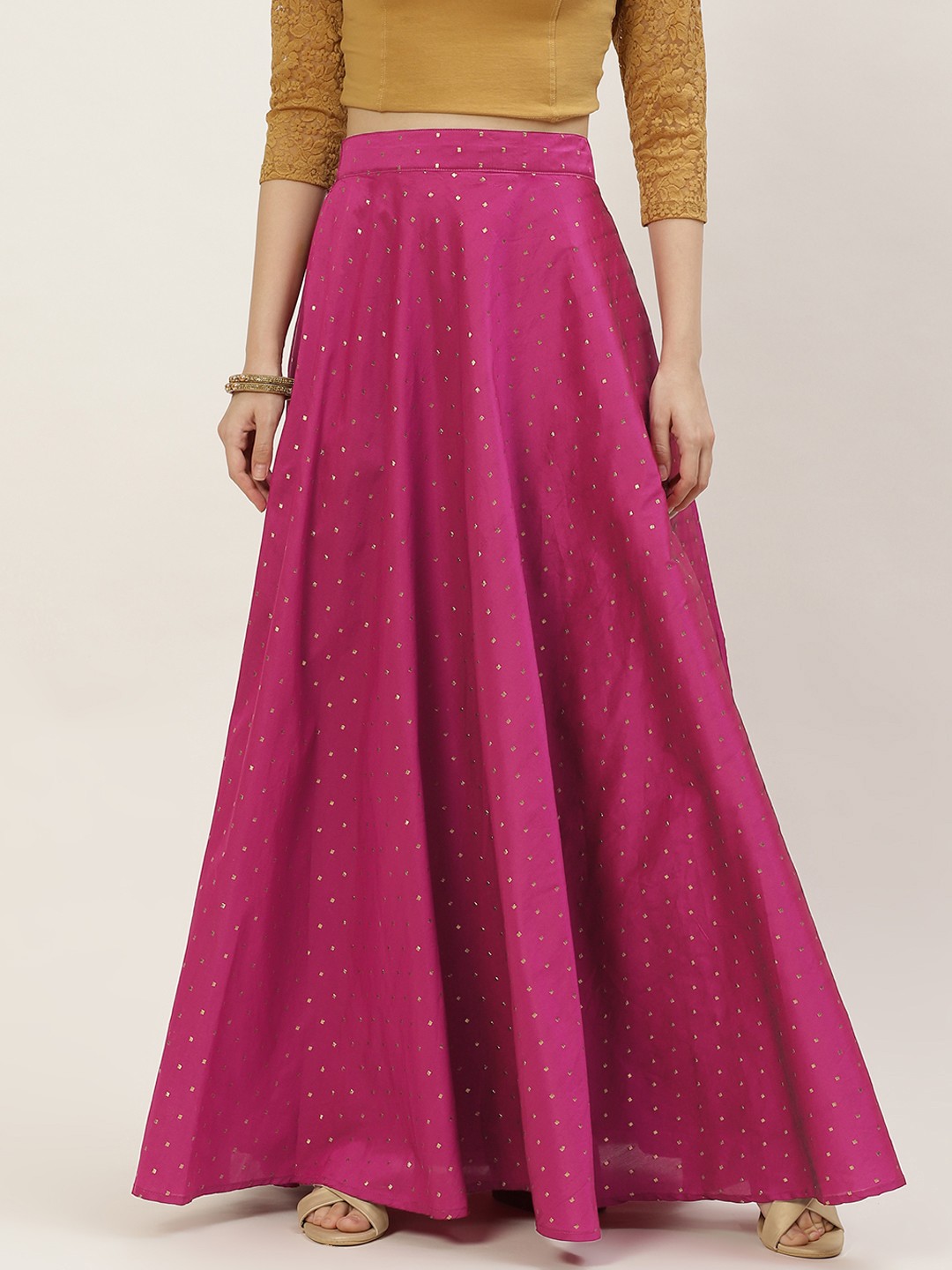 

Studio Shringaar Pink & Golden Woven Design Tafetta Maxi Skirt