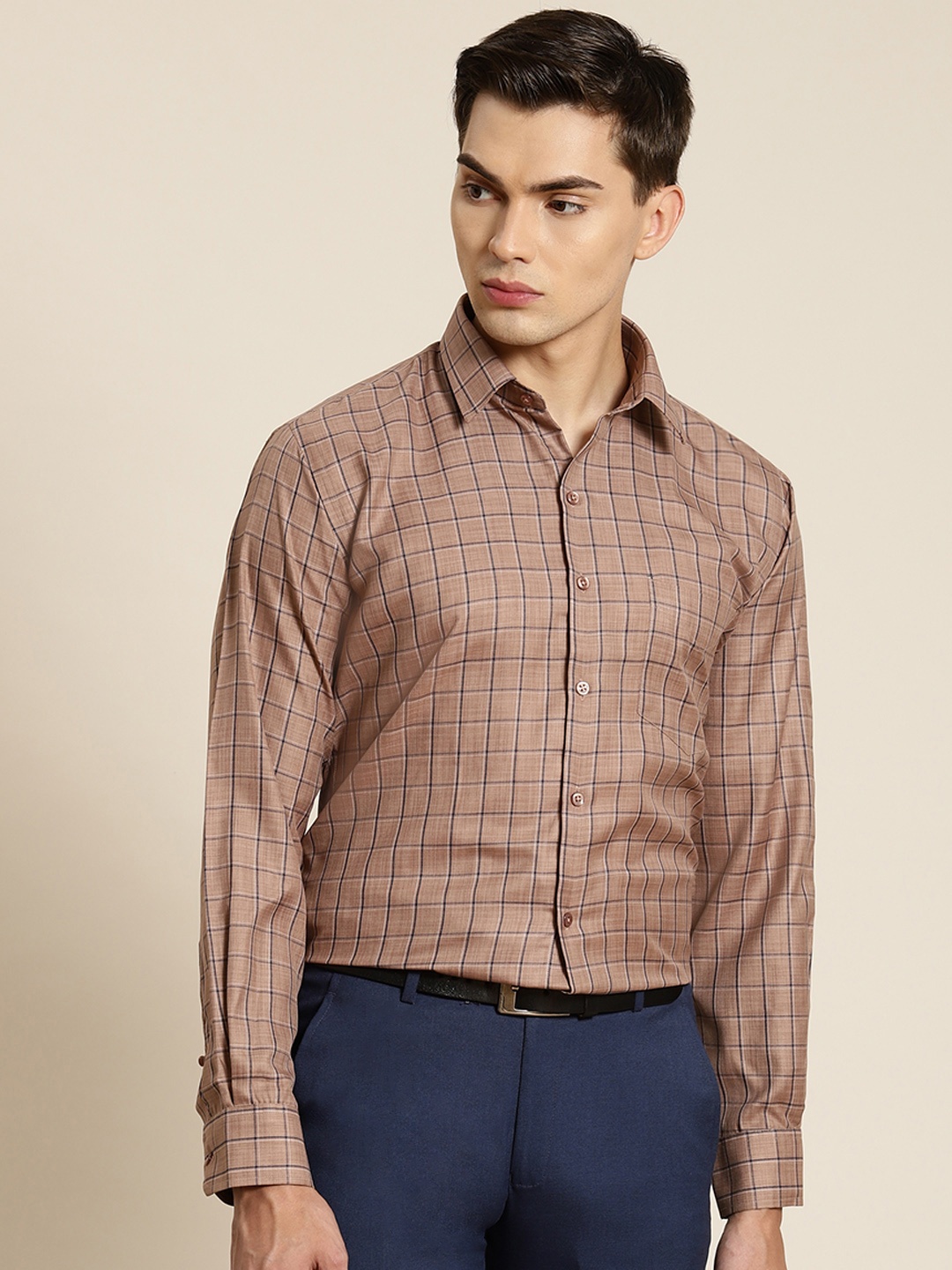 

Hancock Men Brown & Navy Blue Slim Fit Windowpane Checked Formal Shirt
