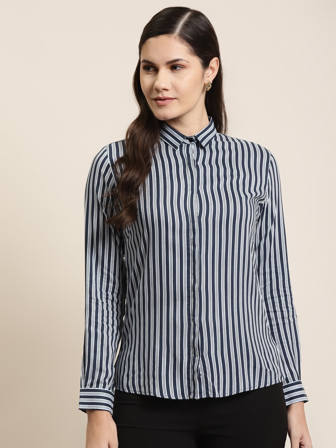 

Hancock Women Navy Blue Slim Fit Opaque Striped Formal Shirt
