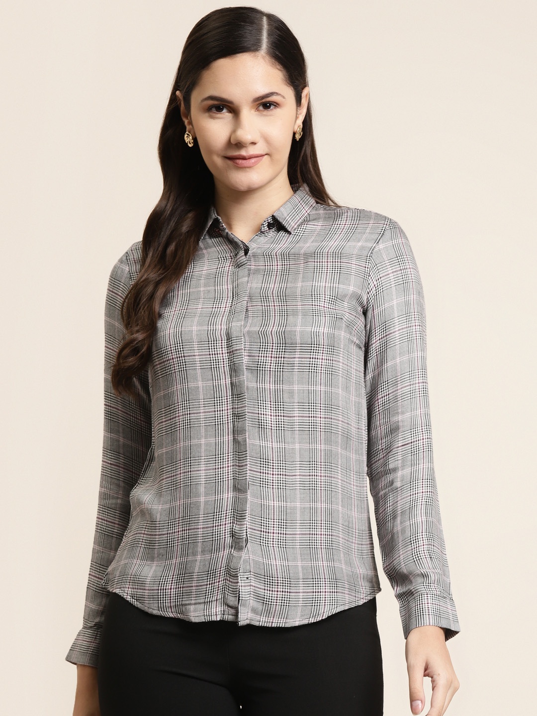 

Hancock Women Grey Slim Fit Shepherd Checks Opaque Checked Formal Shirt