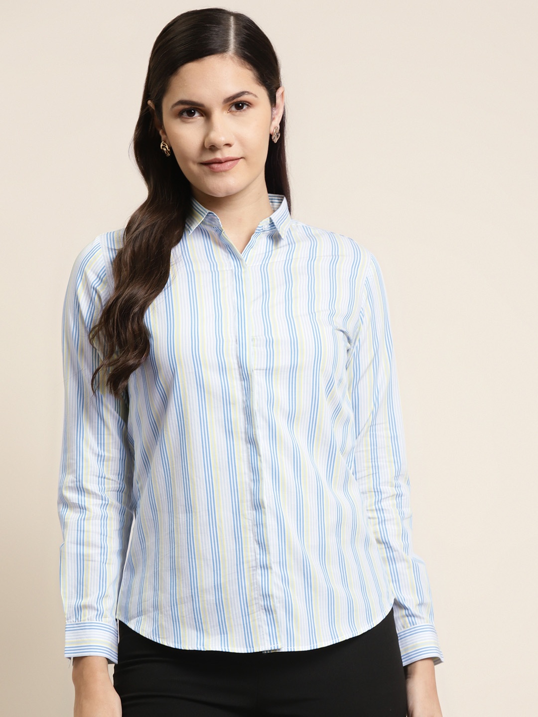 

Hancock Women White Slim Fit Opaque Striped Formal Shirt