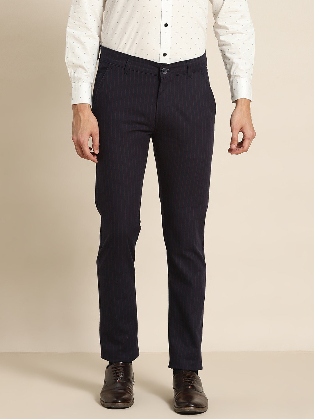 

Hancock Men Navy Blue Striped Slim Fit Formal Trousers