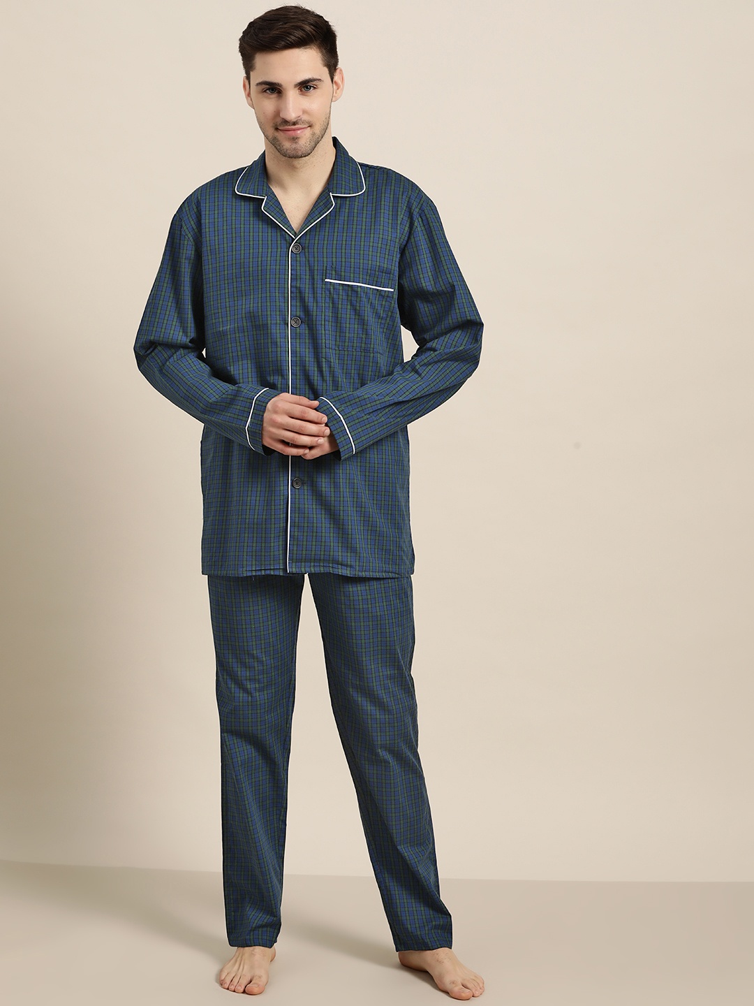 

Hancock Men Navy Blue & Green Checked Cotton Night Suit