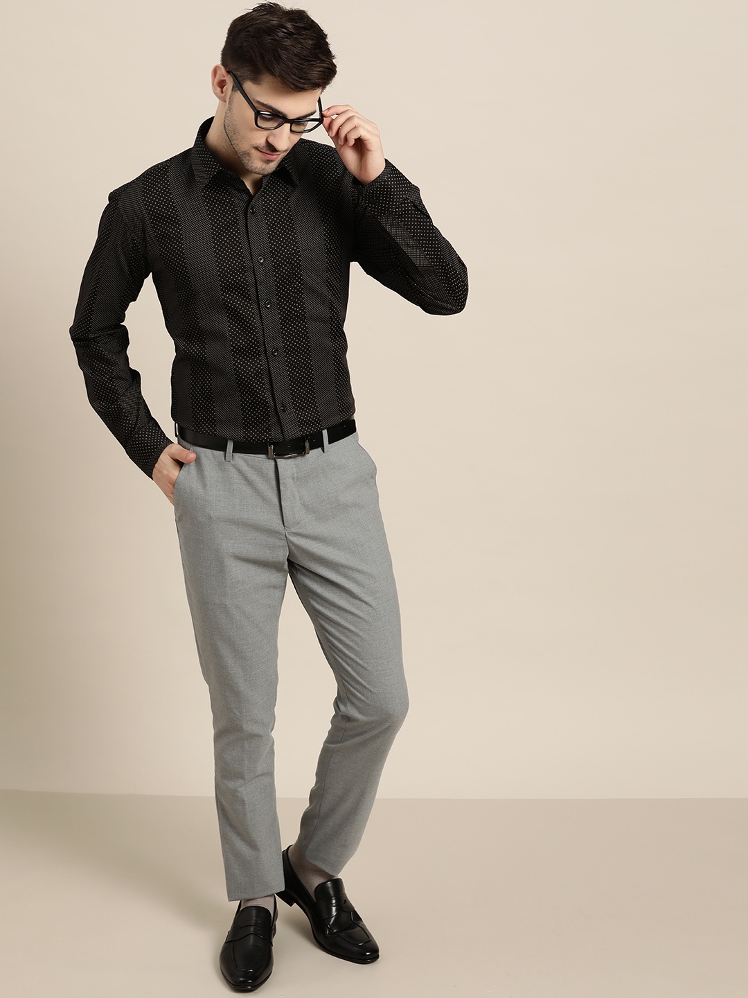 

Hancock Men Black Slim Fit Opaque Polka Dots Printed Cotton Formal Shirt