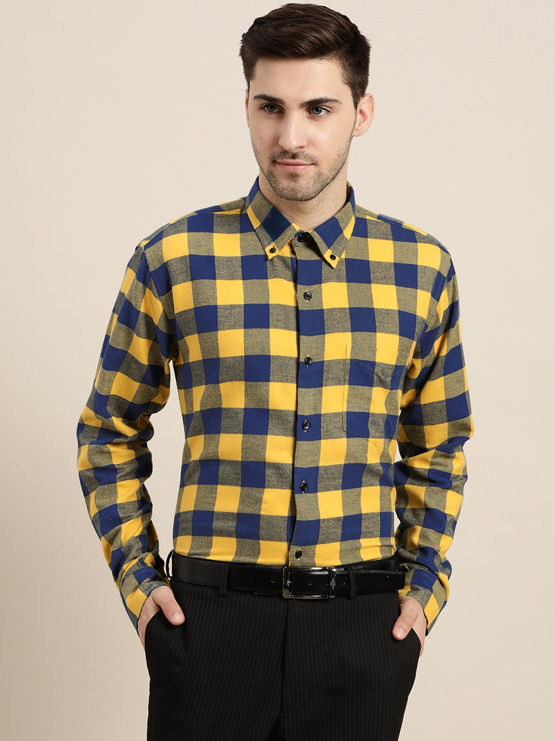 

Hancock Men Yellow Slim Fit Buffalo Checks Opaque Checked Cotton Formal Shirt