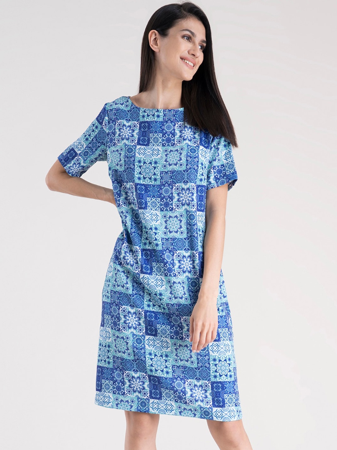 

FableStreet Women Blue Geometric Printed A-Line Dress