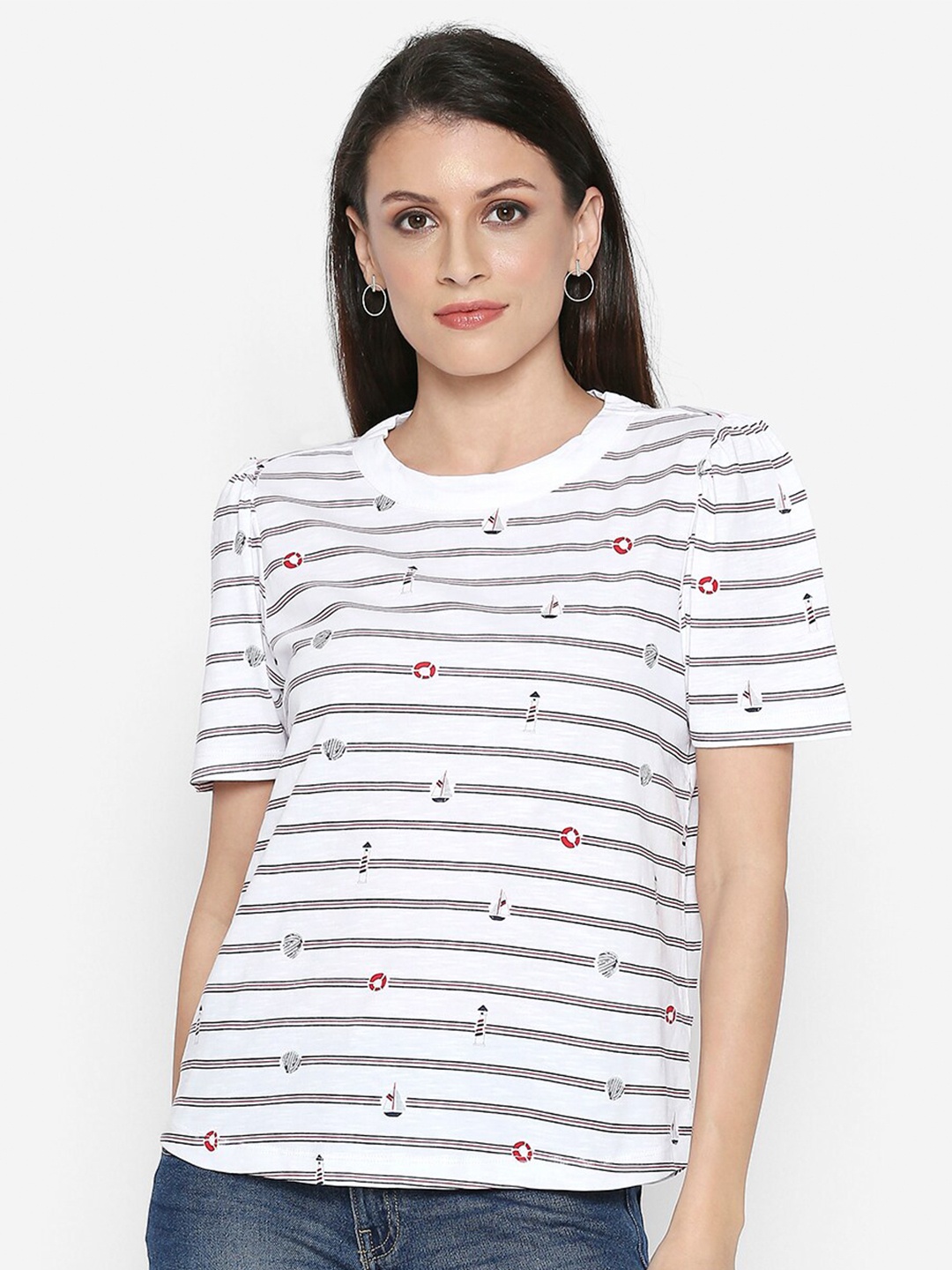 

People Women White Pure Cotton Horizontal Striped Pure Cotton T-shirt