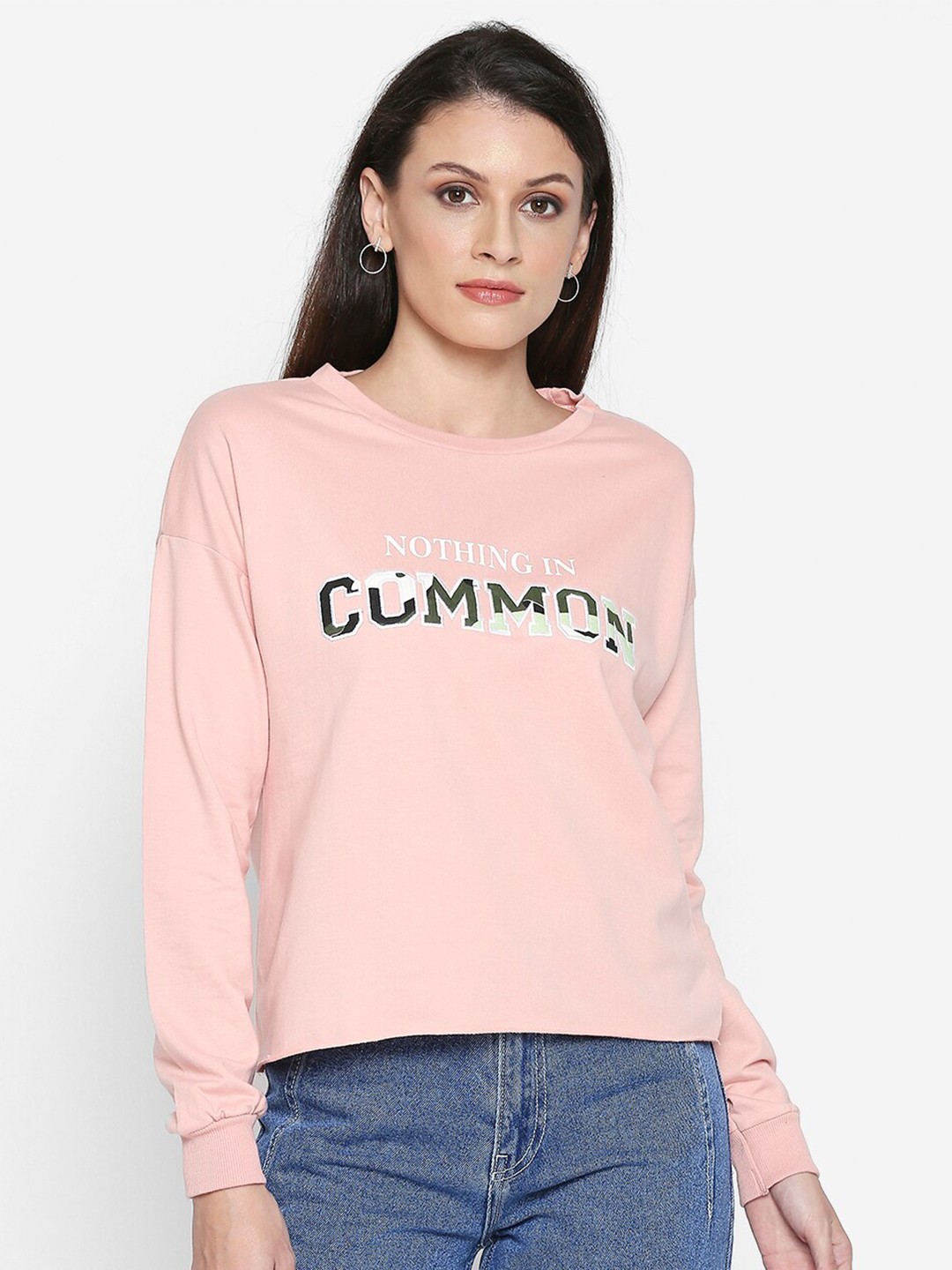 

People Women Pink Pure Cotton Typography Printed Pullover Sweatshirt