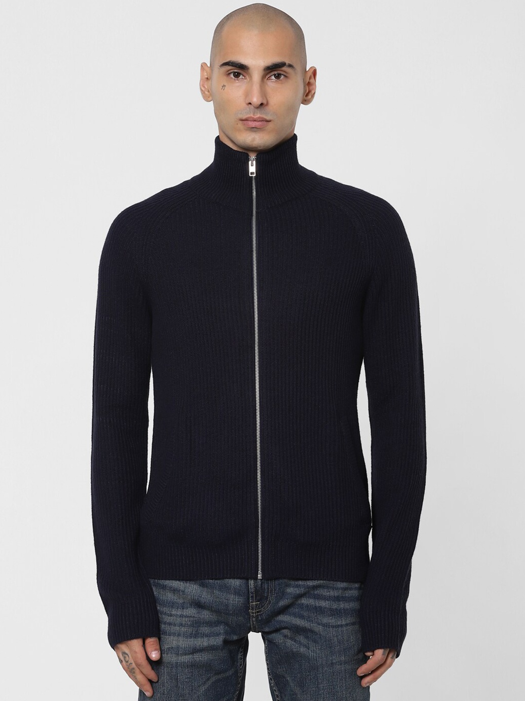 

Jack & Jones Men Navy Blue Ribbed Front-Open with Zip Detail