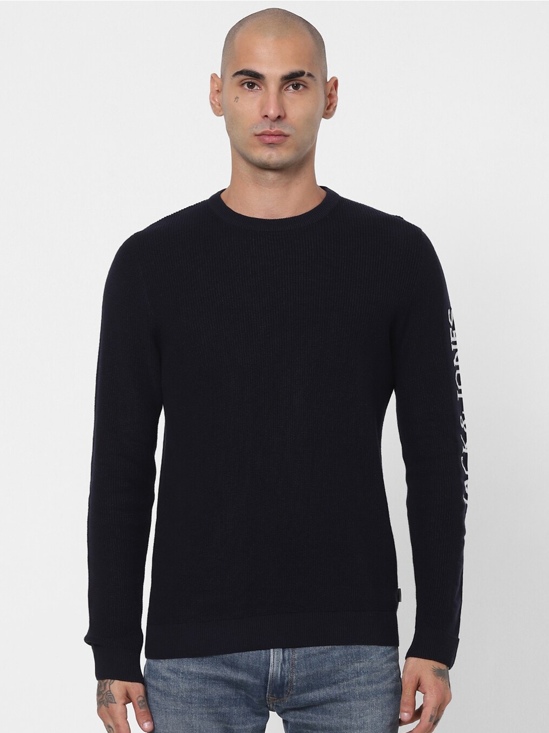 

Jack & Jones Men Navy Blue Ribbed Logo Knit Crew Neck Cotton Pullover Sweater