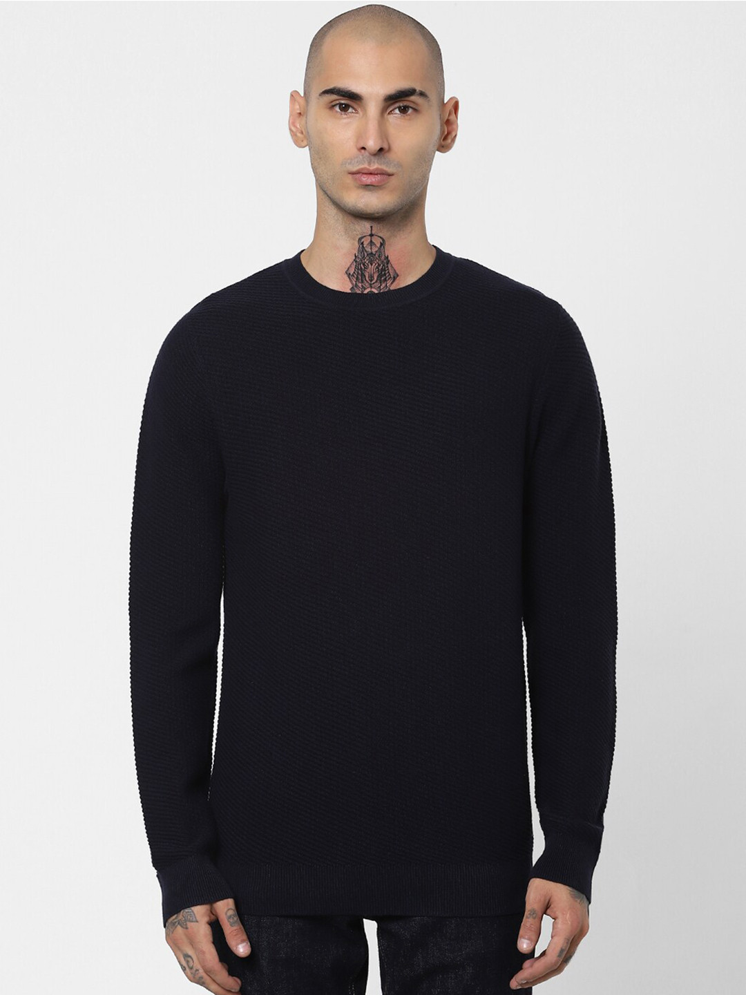 

Jack & Jones Men Navy Blue Ribbed Pullover Sweater