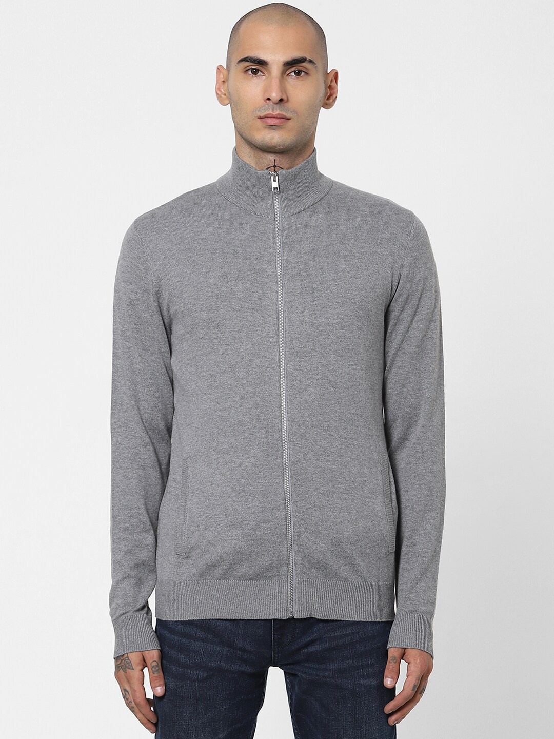 

Jack & Jones Men Grey Cotton Front-Open with Zip Detail Sweater