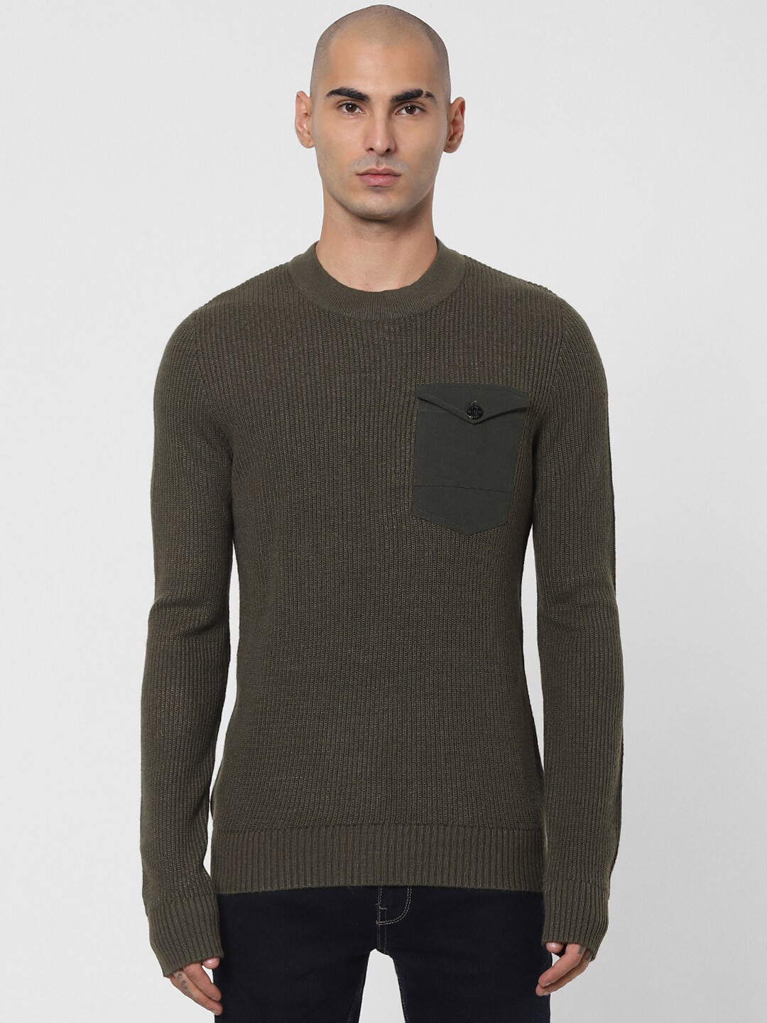 

Jack & Jones Men Olive Green Ribbed Pullover