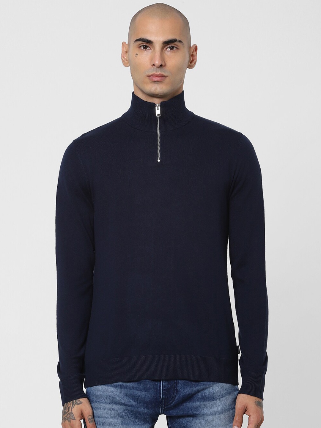 

Jack & Jones Men Navy Blue Cotton Pullover With Zip Detail Sweater