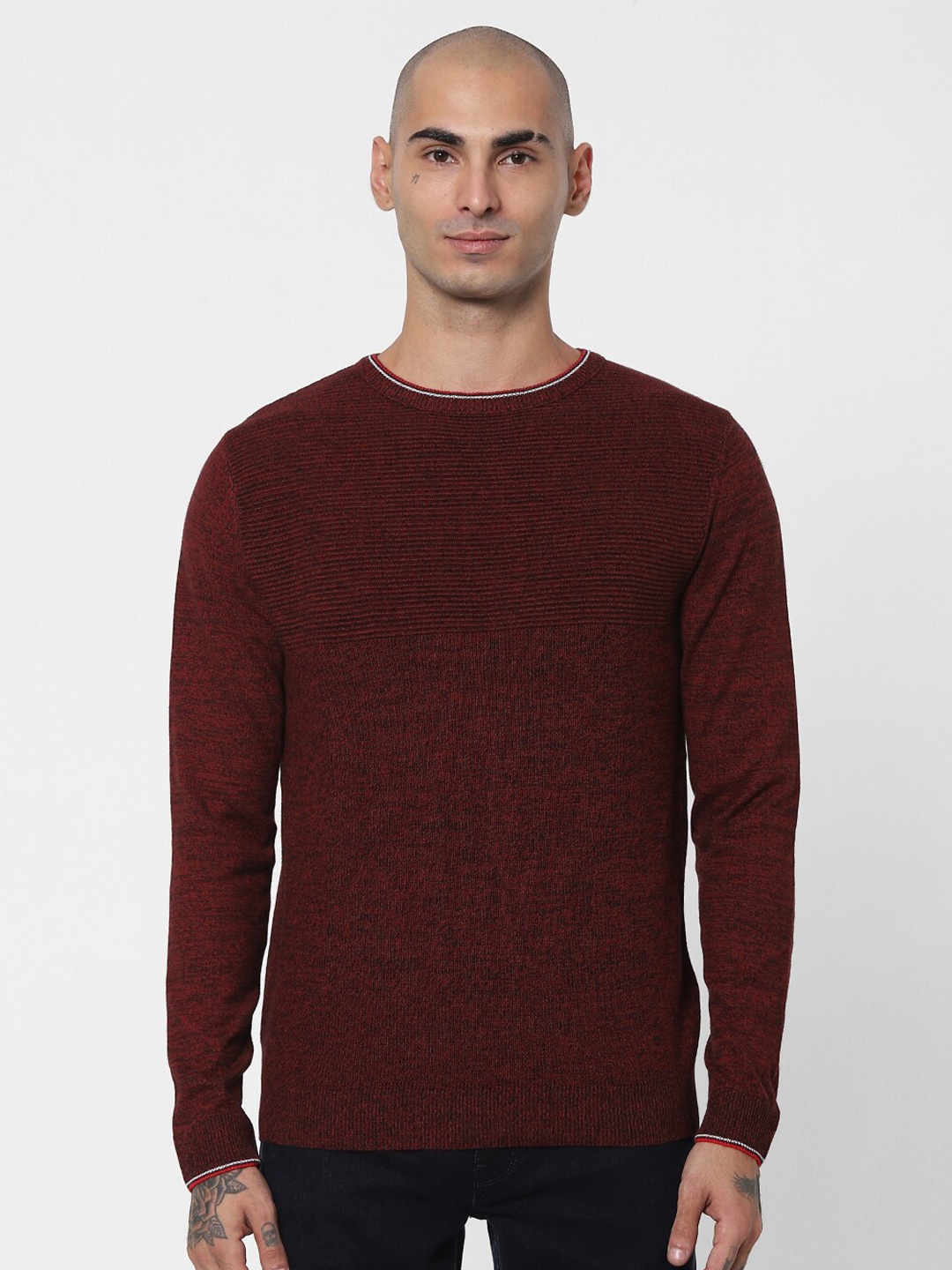 

Jack & Jones Men Maroon & Black Ribbed Pullover with Fuzzy Detail