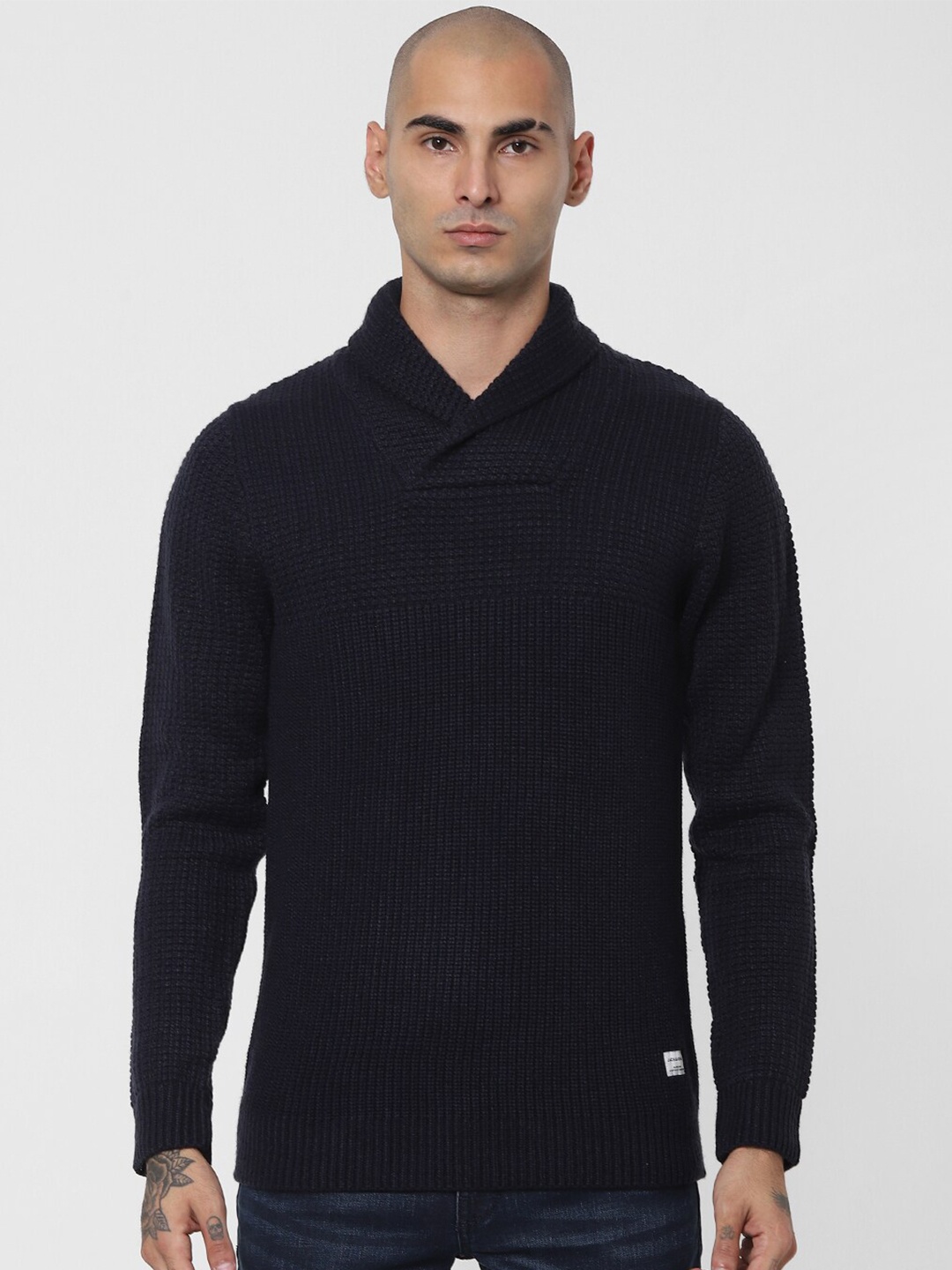 

Jack & Jones Men Navy Blue Self-Striped Shawl Neck Pullover