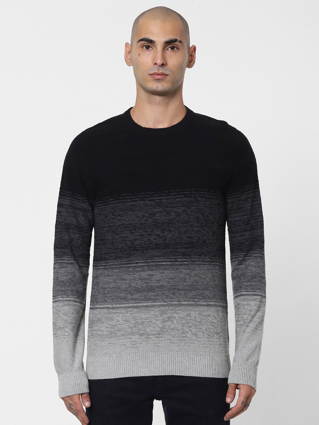 

Jack & Jones Men Black & Grey Striped Pullover