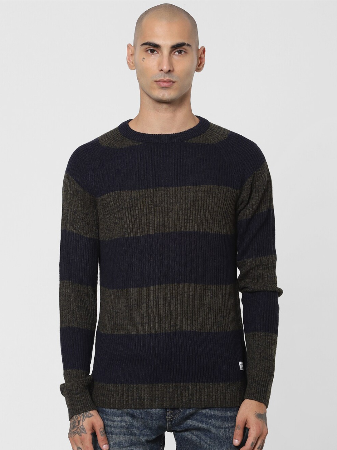 

Jack & Jones Men Olive Green & Navy Blue Striped Pullover