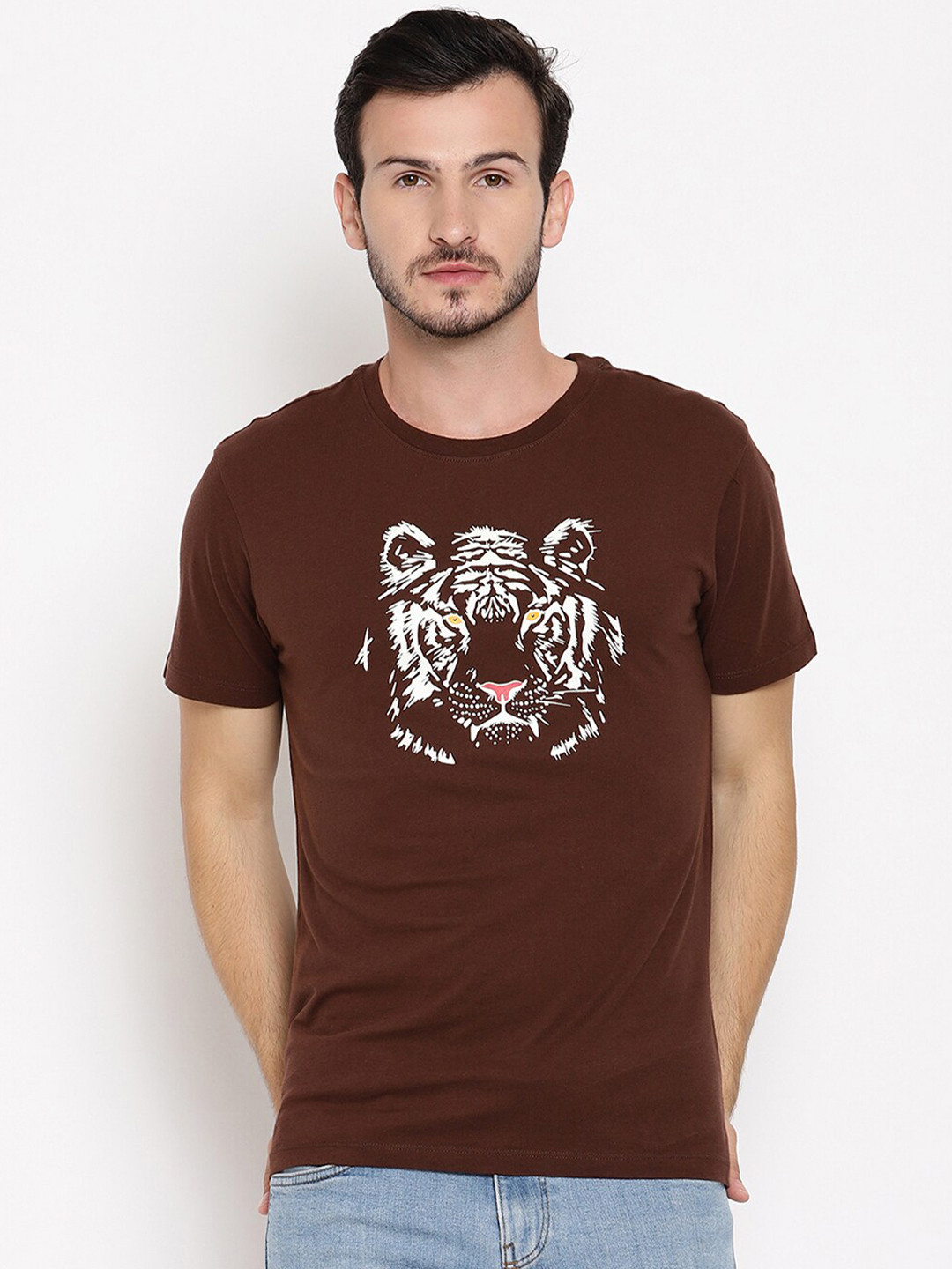 

Wolfpack Men Brown Glowing Tiger Printed Cotton T-shirt