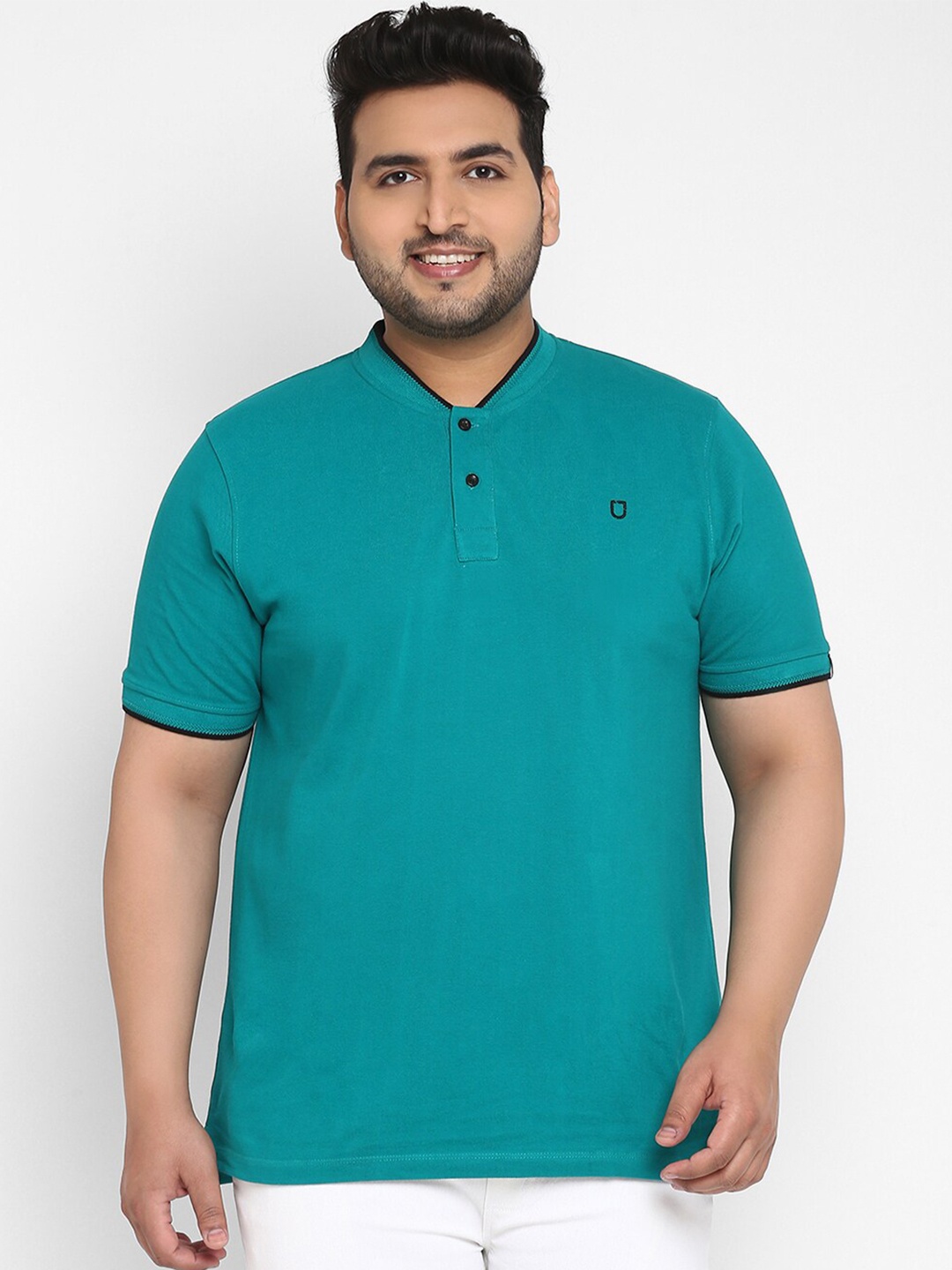 

Urbano Plus Men Plus Size Teal Pure Cotton Mandarin Collar T-shirt