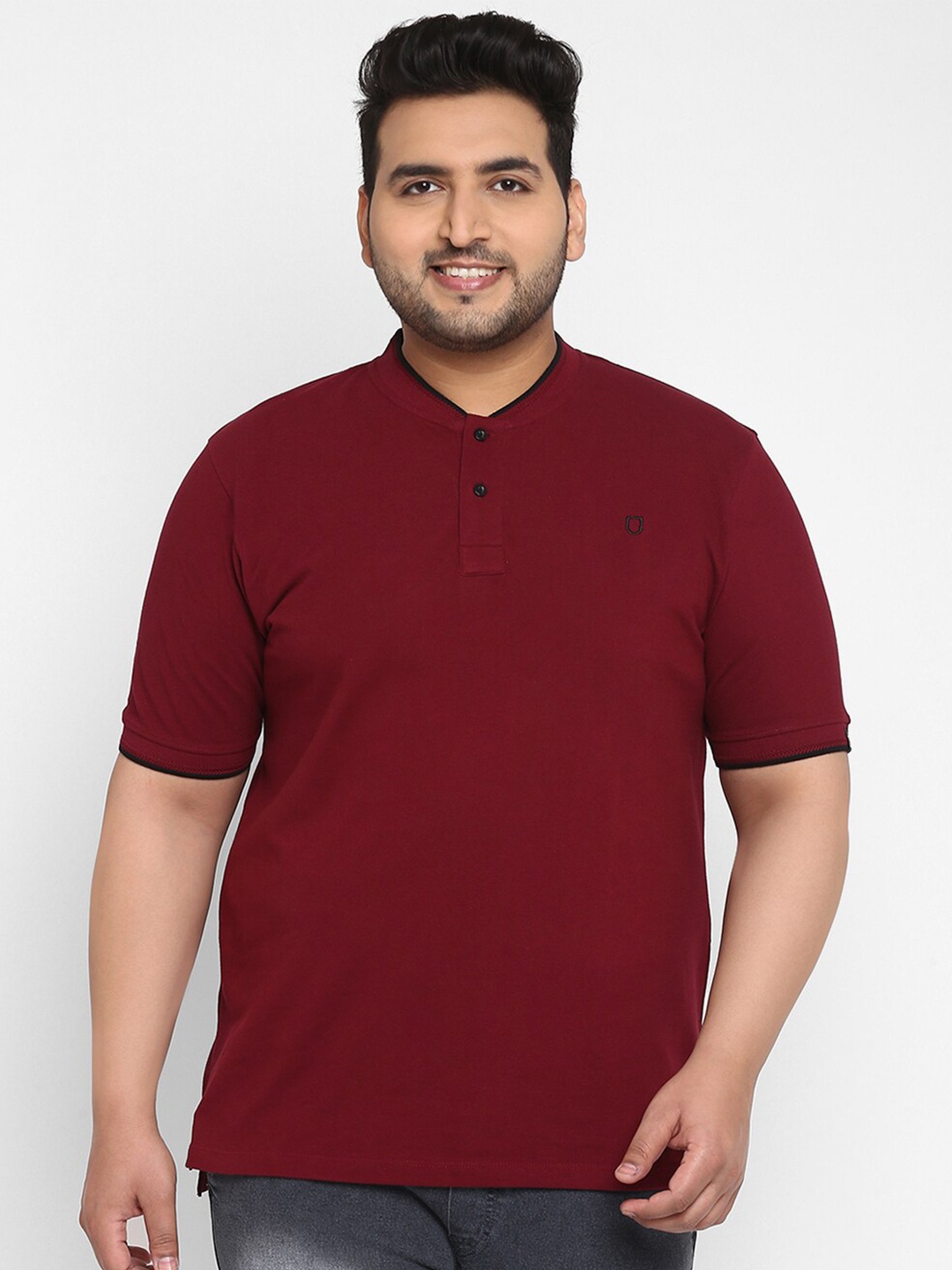 

Urbano Plus Men Plus Size Maroon Pure Cotton Mandarin Collar Pure Cotton T-shirt