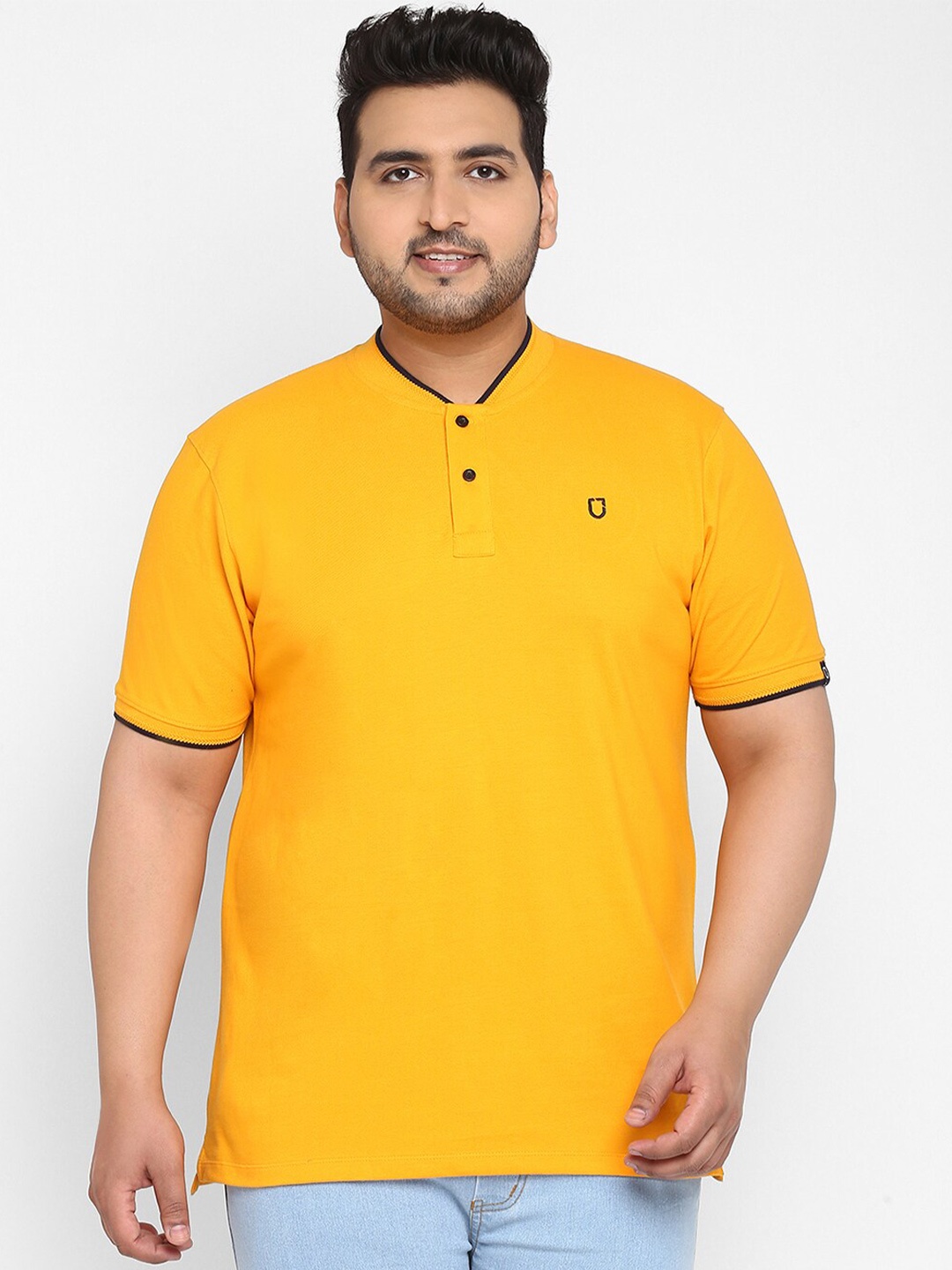 

Urbano Plus Men Plus Size Mustard Yellow Pure Cotton Mandarin Collar Pure Cotton T-shirt