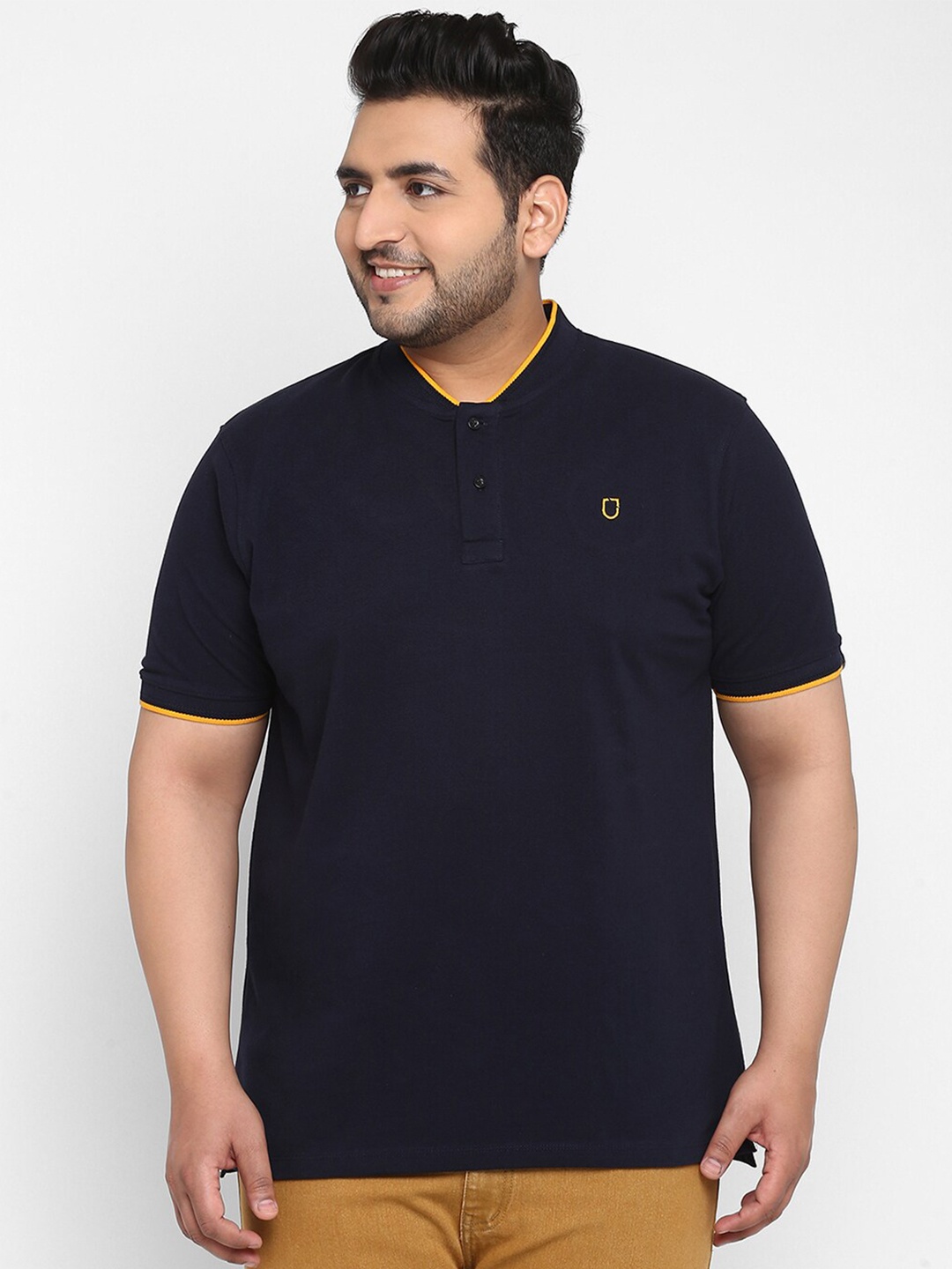 

Urbano Plus Men Plus Size Navy Blue Pure Cotton Mandarin Collar Pure Cotton T-shirt
