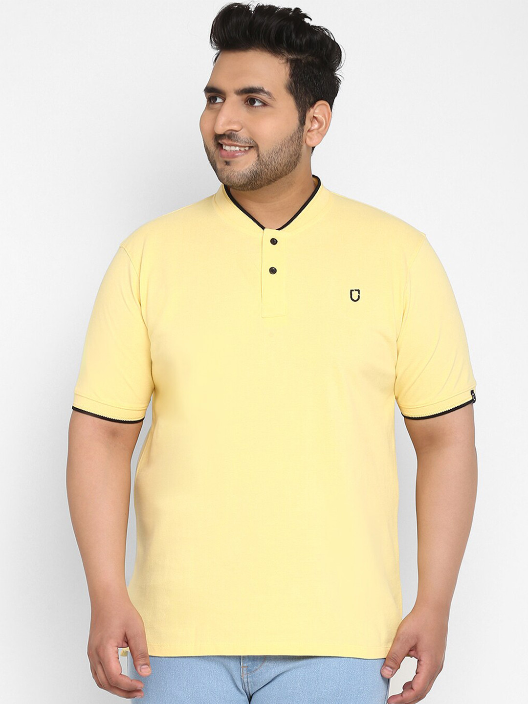 

Urbano Plus Men Plus Size Yellow Pure Cotton Mandarin Collar Pure Cotton T-shirt