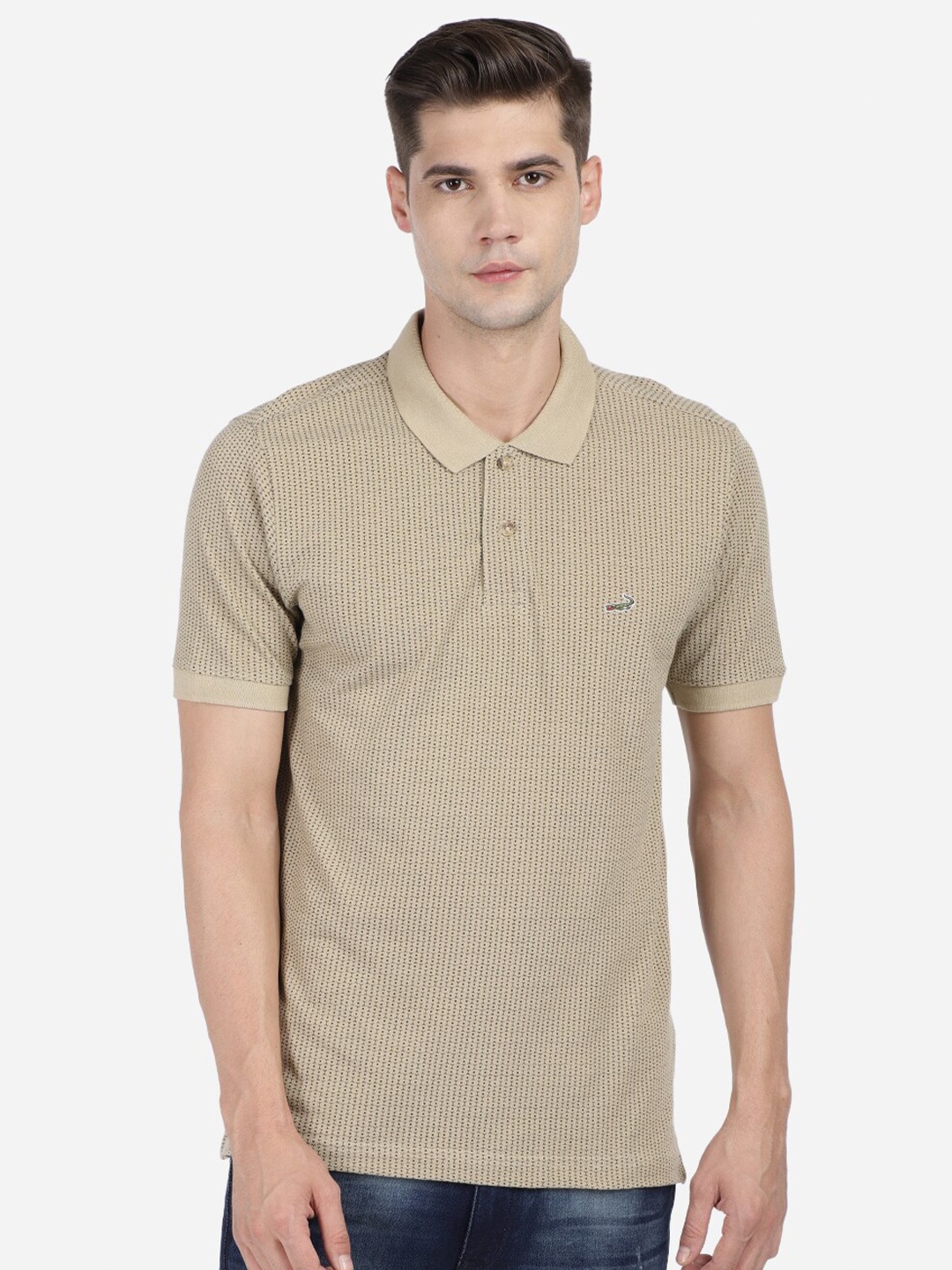 

Crocodile Men Khaki Printed Polo Collar Slim Fit T-shirt