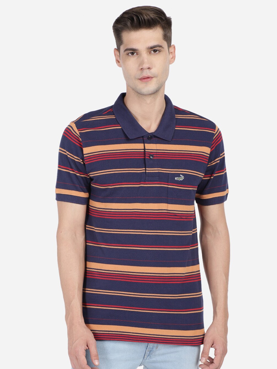 

Crocodile Men Navy Blue & blue ribbon Striped Polo Collar Pockets Slim Fit T-shirt