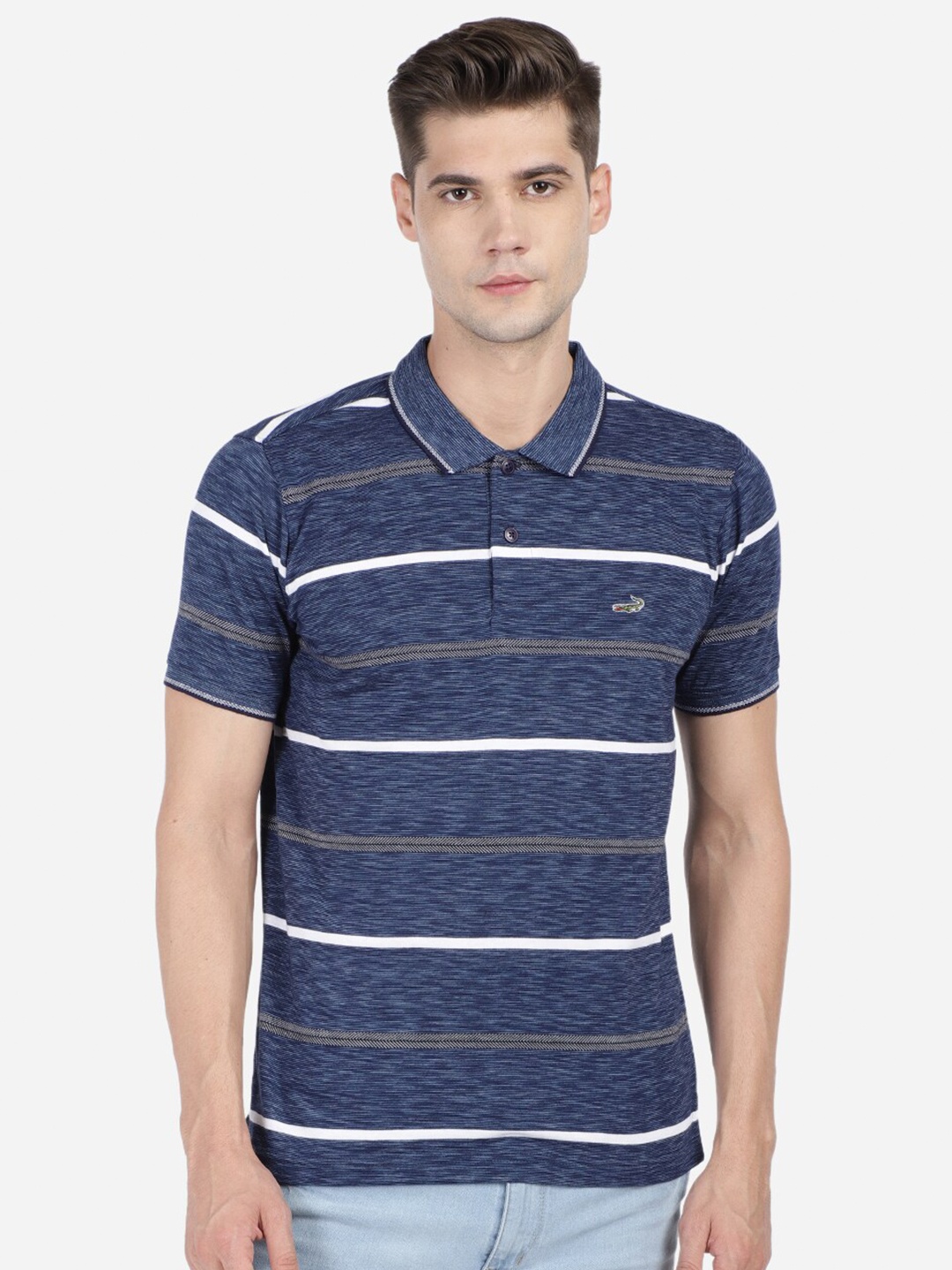 

Crocodile Men Blue & White Striped Polo Collar Slim Fit T-shirt