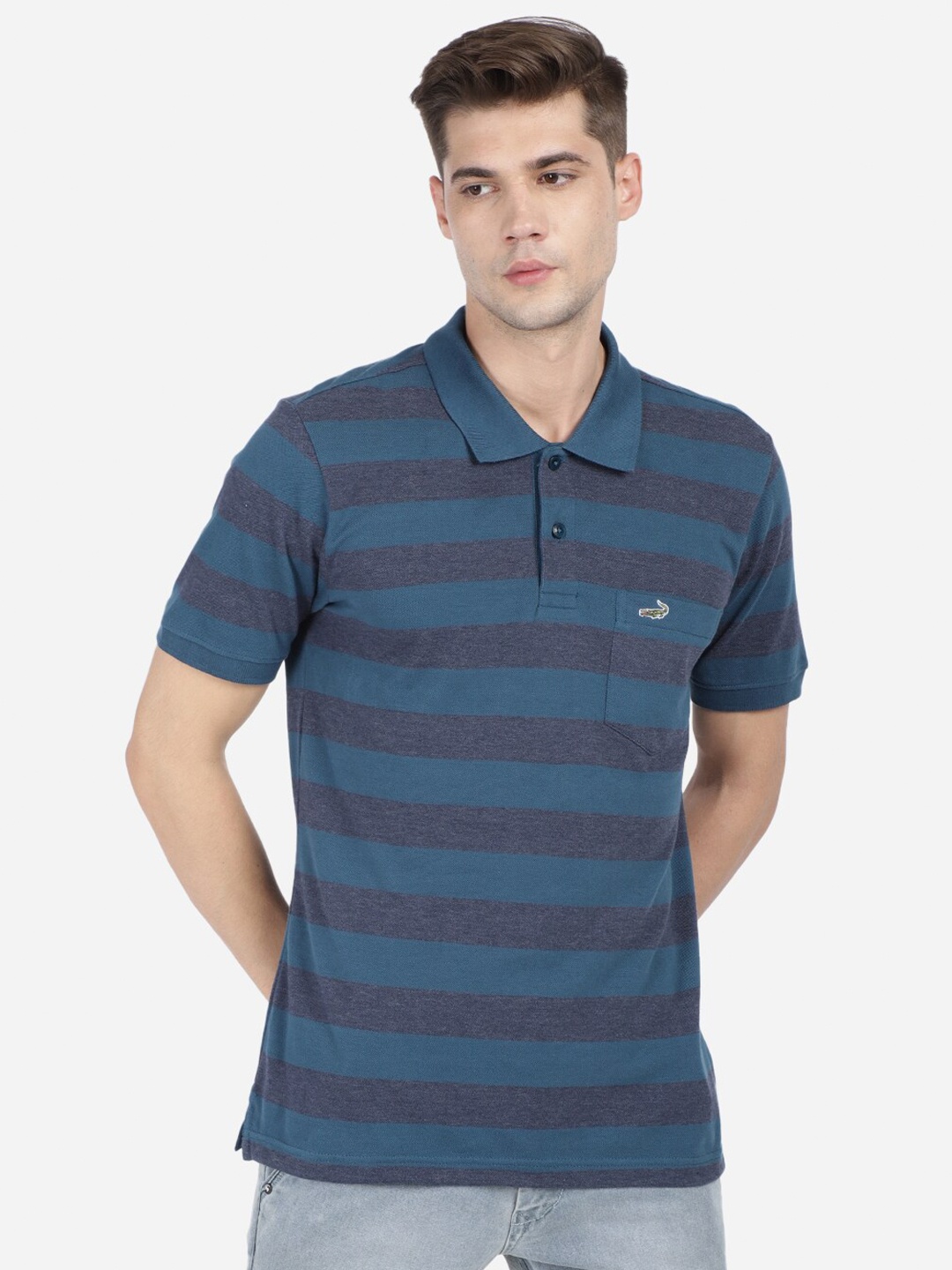 

Crocodile Men Teal & Blue Striped Polo Collar Slim Fit T-shirt