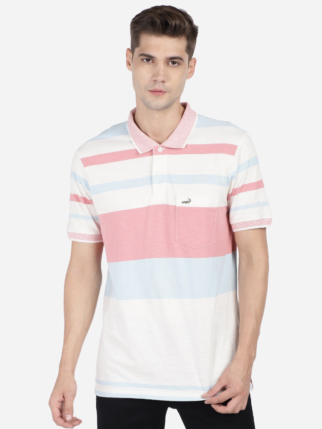 

Crocodile Men White & magnolia Striped Polo Collar Pockets Slim Fit T-shirt