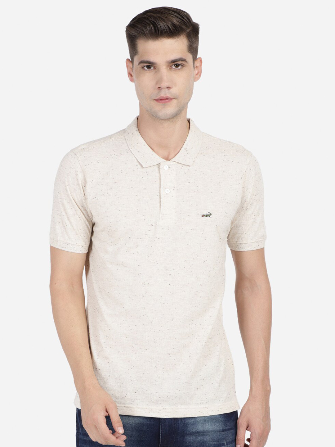 

Crocodile Men Beige & petal pink Polo Collar Pockets Slim Fit T-shirt