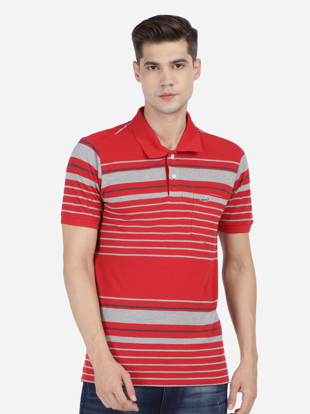 

Crocodile Men Red & flame scarlet Striped Polo Collar Pockets Slim Fit T-shirt