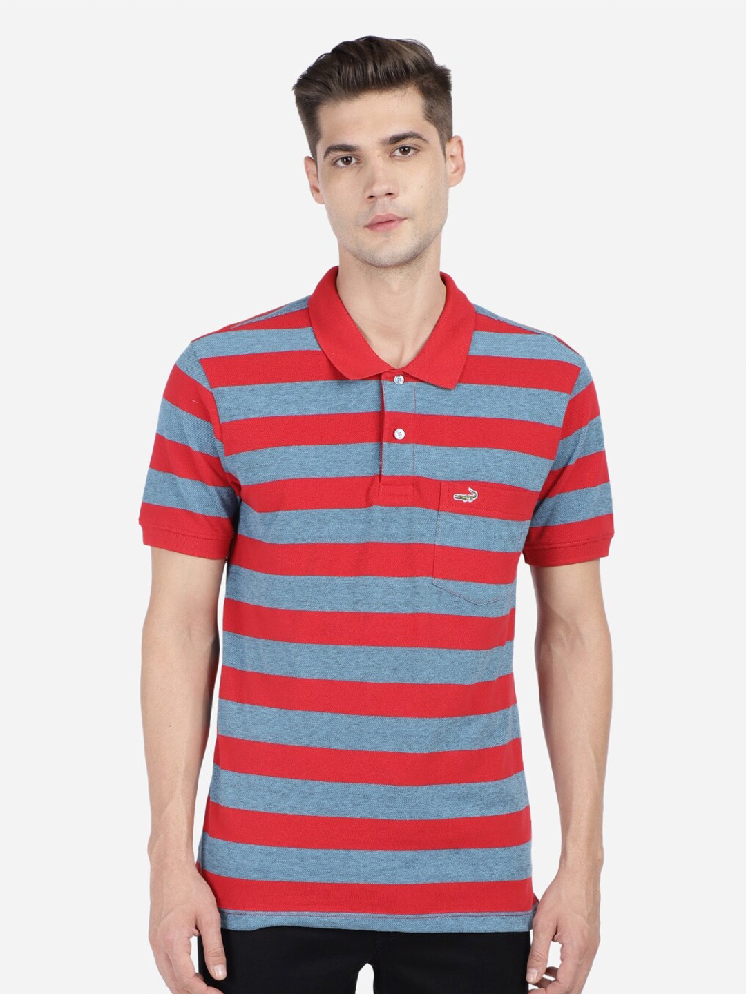 

Crocodile Men Red Striped Polo Collar Pockets Slim Fit T-shirt