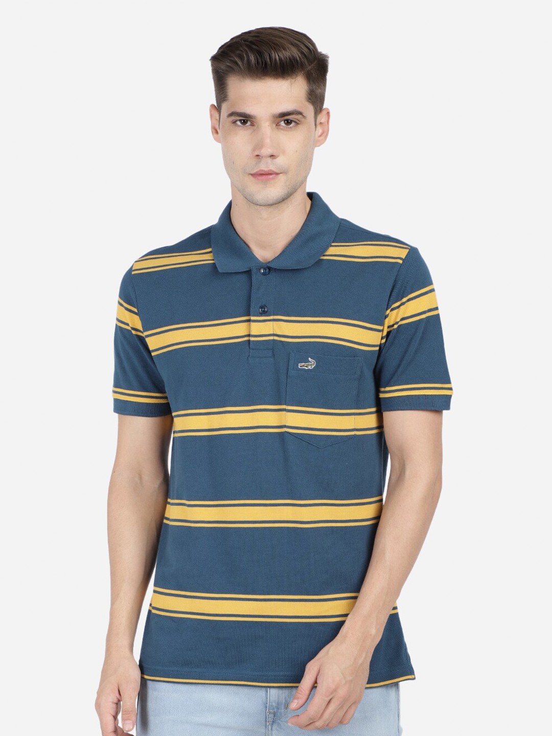 

Crocodile Men Blue & dark blue Striped Polo Collar Pockets Slim Fit T-shirt